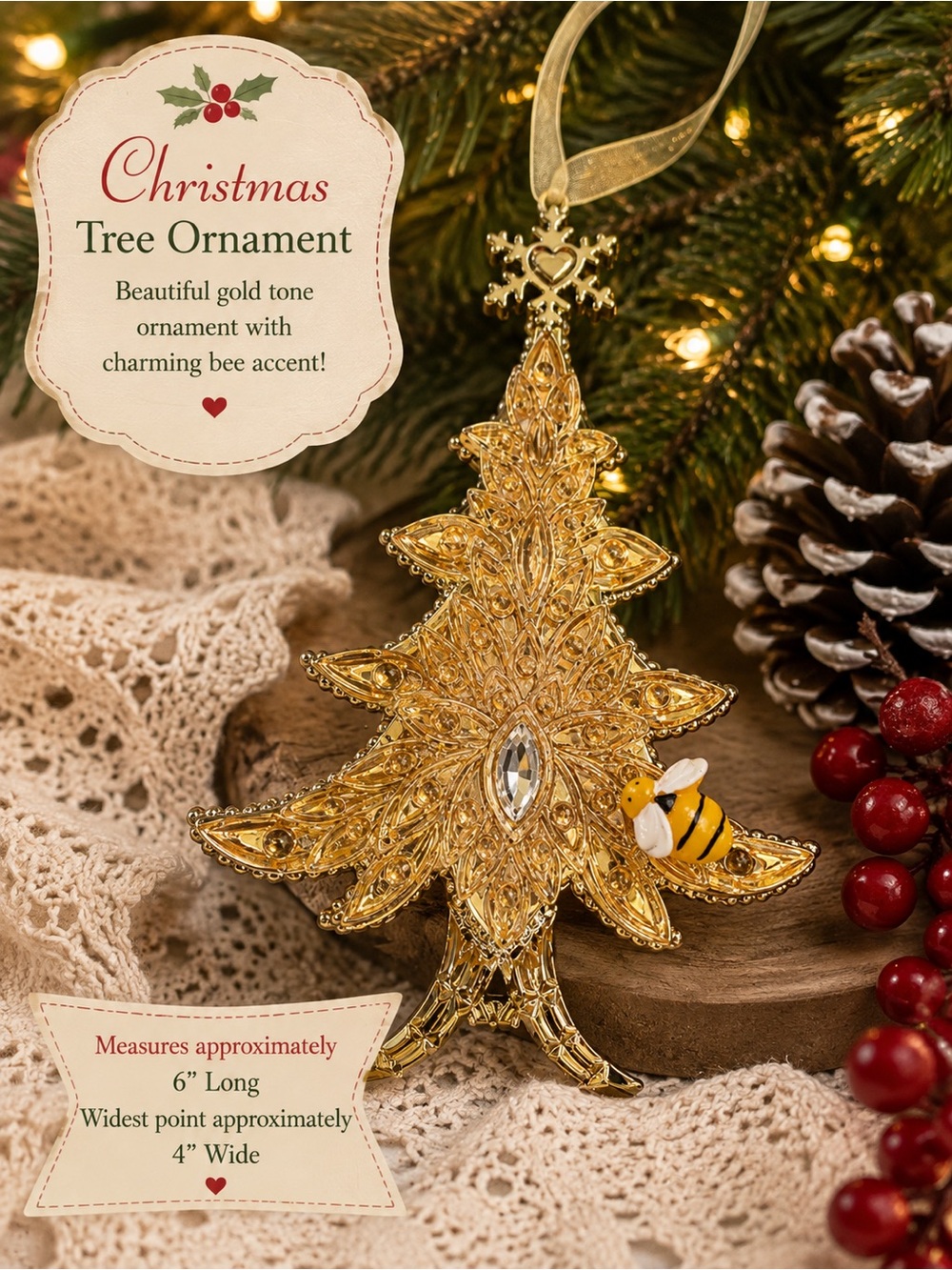 Source Unknown Gold Christmas Tree Ornament with Bee Accent